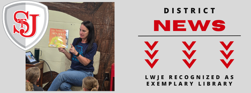 LWJE Recognized as Exemplary Library. Image of teacher in chair reading from a book to students