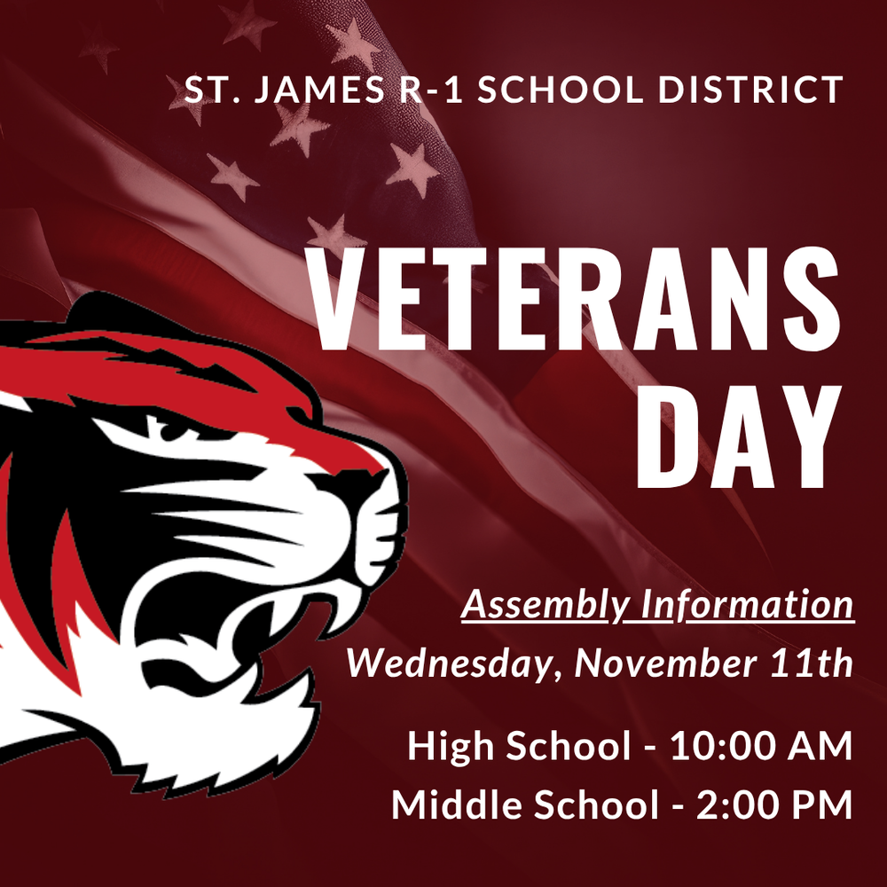 Veterans Day Assembly Information: Wednesday, November 11. HS at 10 AM and MS at 2 PM