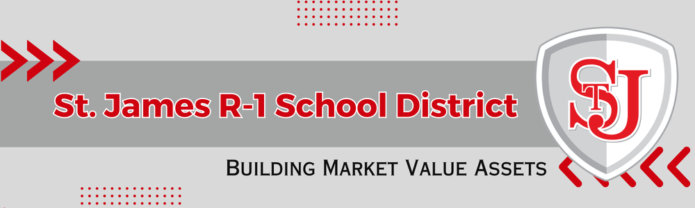 Building Market Value Assets text - st. james r-1 school district - text. shield logo with red arrows and pixelated design 