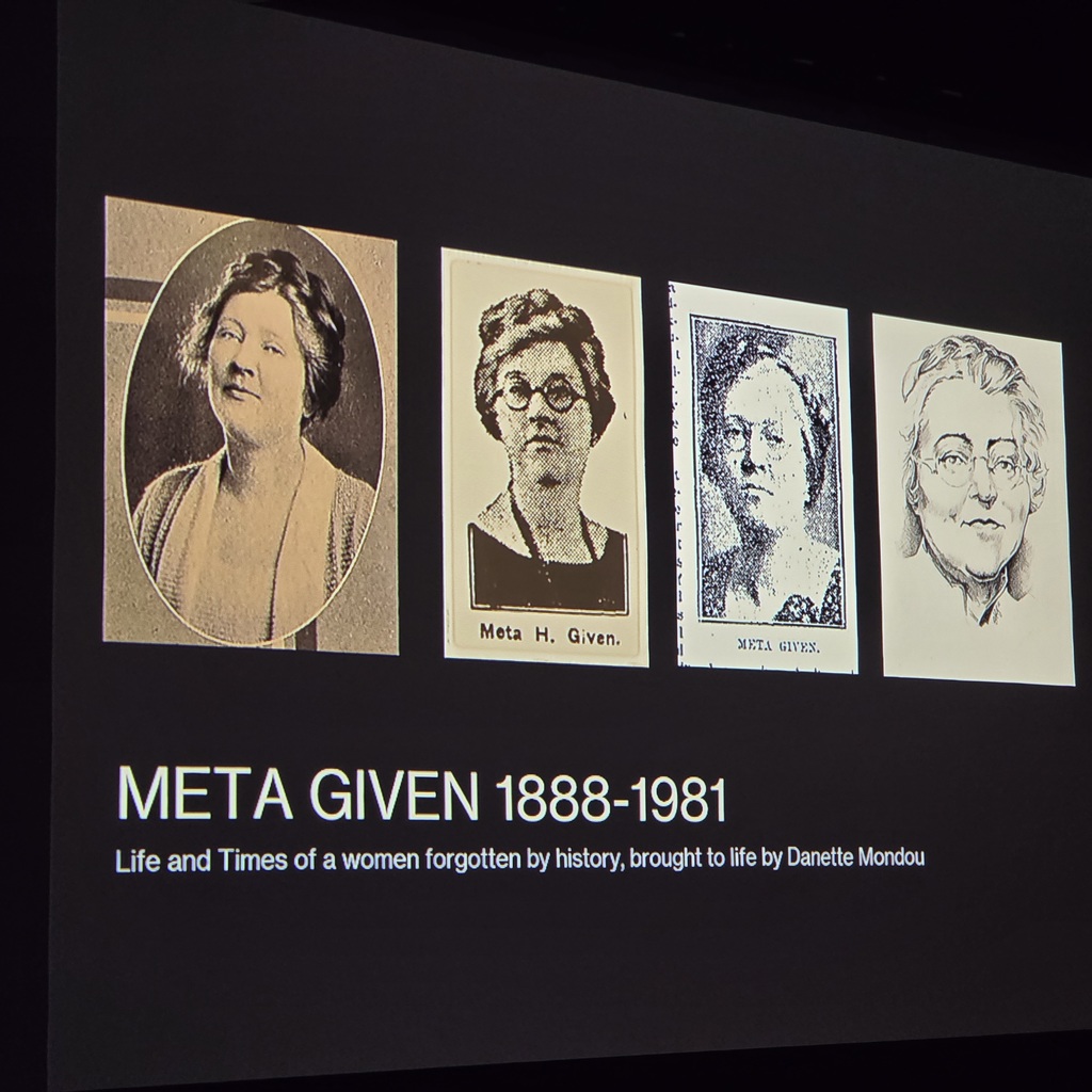Slide from presentation shows photographs of Meta Given. 