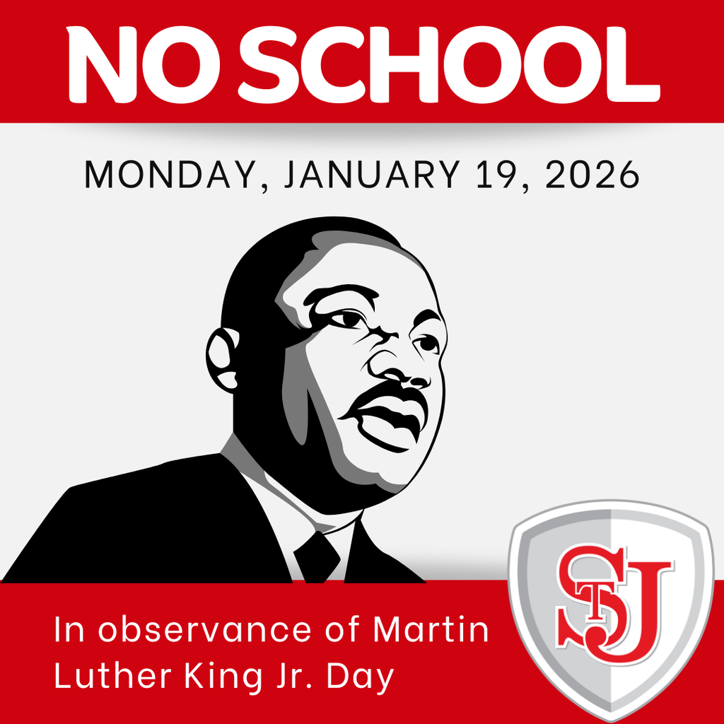Image of Dr. Martin Luther King Jr and district shield logo. text - No School, Monday, January 19, 2026 in observance of Martin Luther King Jr. Day
