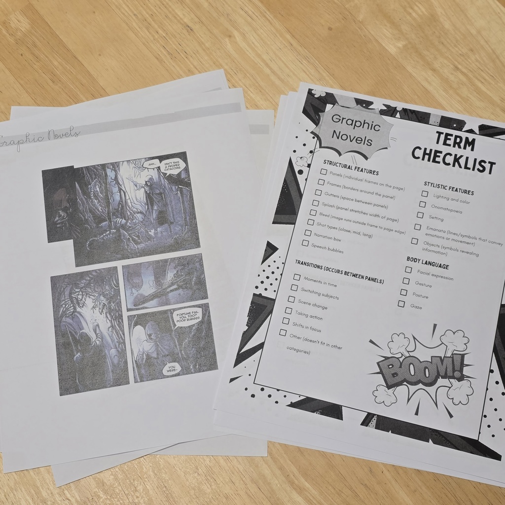 Mythology students learn about graphic novels in the high school library. 