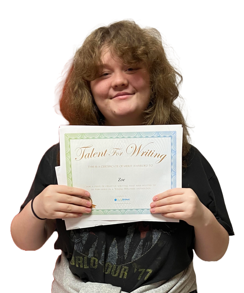 Zoe Oliver with her writing award certificate.