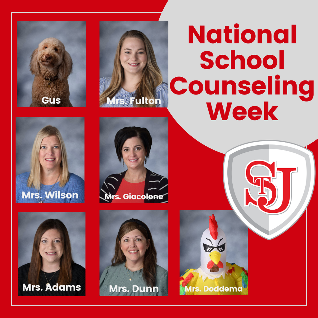 National School Counseling week image with pictures of Gus, Mrs. Fulton, Mrs. Wilson, Mrs. Giacolone, Mrs. Adams, Mrs. Dunn, and Mrs. Doddema dressed as a chicken.