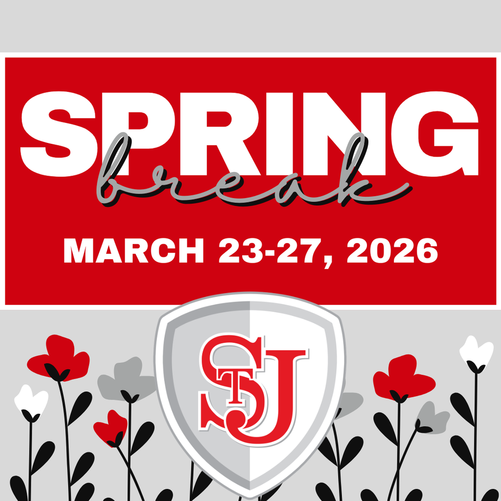 Spring break poster featuring red and white text on a red background with flowers and a shield.