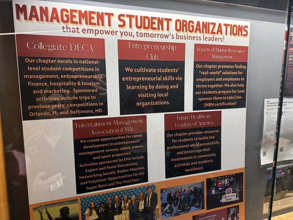 A display board with five sections advertising management student organizations. Each section has a title and description.