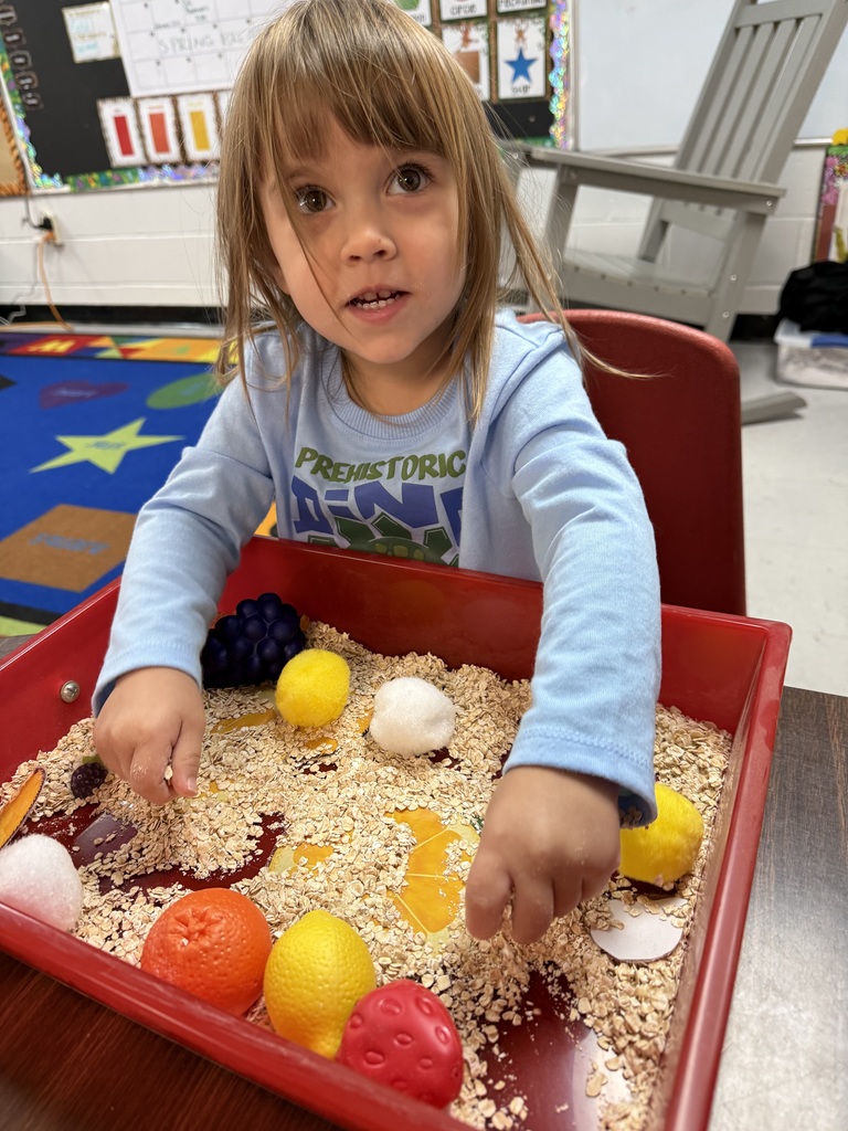 A young child wearing a blue shirt sits at a table, engaging with a sensory tray filled with colorful objects.