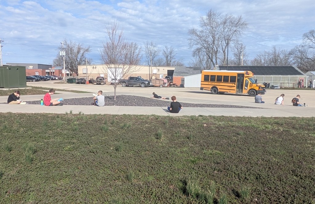 A grassy area with several people sitting in front of a yellow school bus. In the background, buildings and trees are visible.