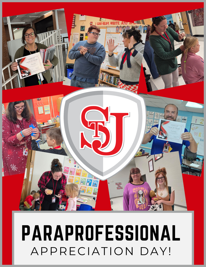 Collage of staff and students in a classroom setting. Central logo: "SJ". Text reads "PARAPROFESSIONAL APPRECIATION DAY!".