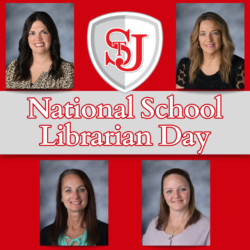 Four female librarians, each with different hairstyles, are featured on a red background with a school logo.