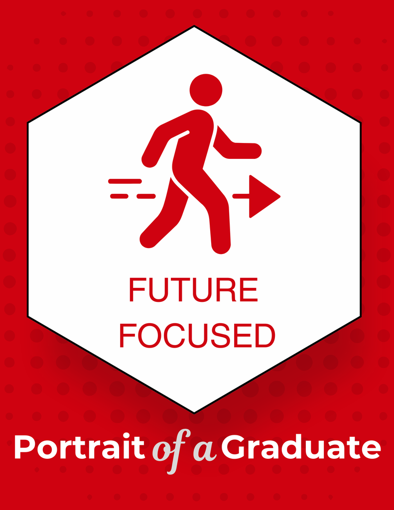 Graphic with a person walking, text "Future Focused", and title "Portrait of a Graduate" on red background with white hexagon and dots.