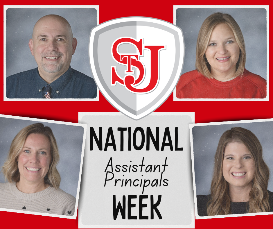 Collage of five smiling adults, three women and two men. "NATIONAL ASSISTANT PRINCIPALS WEEK" text. SJ logo on red background.