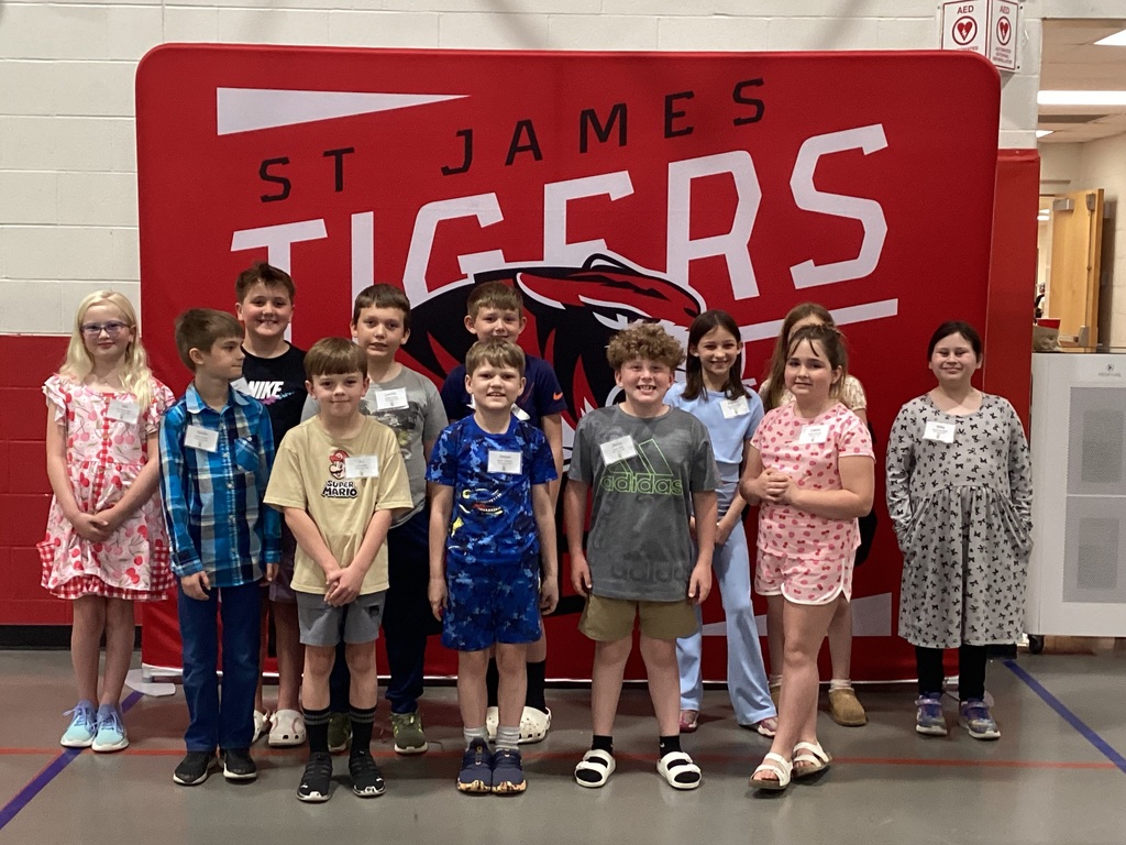 Nine children pose for a photo in front of a sign that says St. James Tigers.
