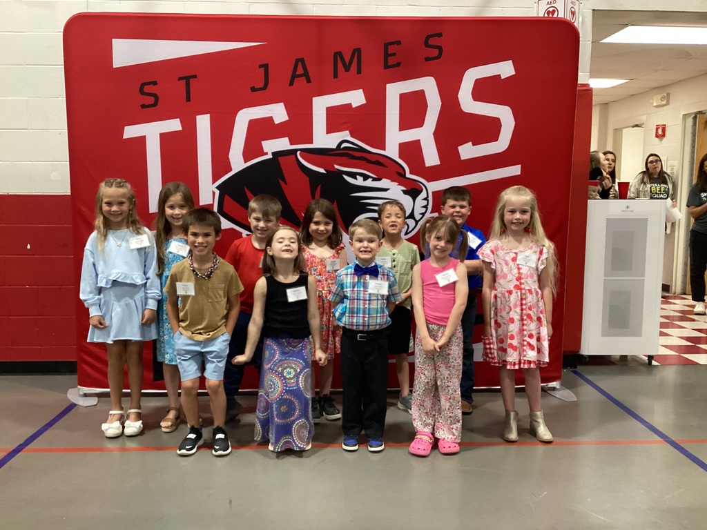 Group of children standing in front of a red banner with "St. James Tigers" and a logo.