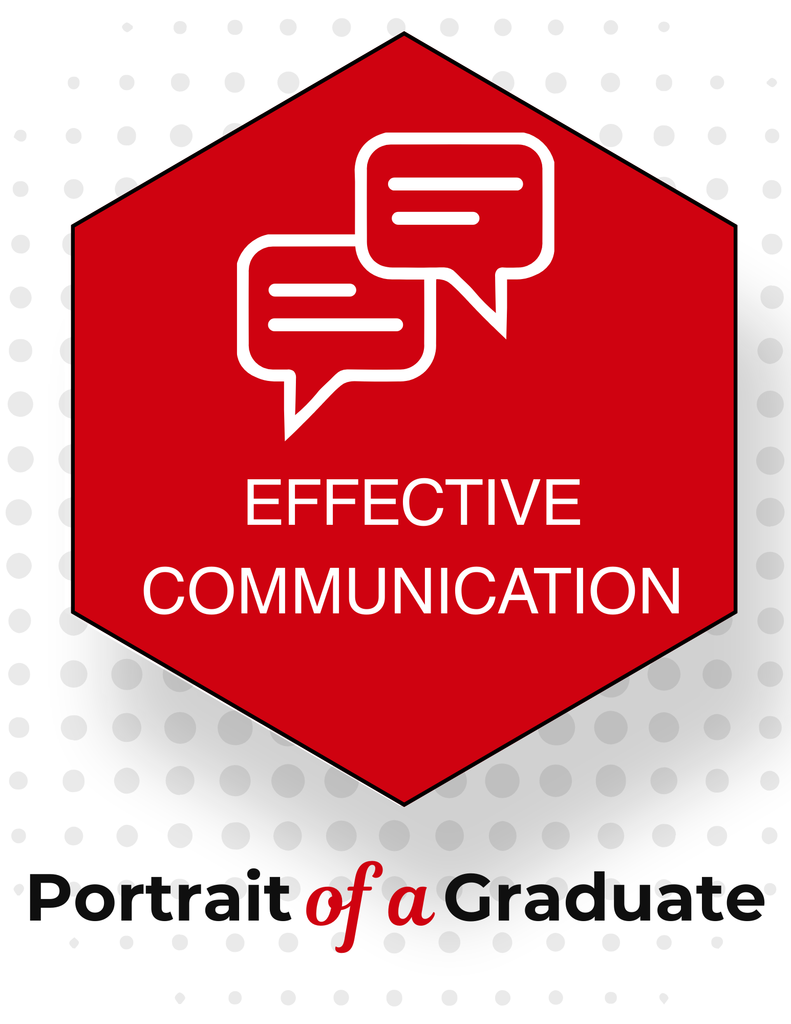 Red hexagon with "Effective Communication" text and two speech bubbles. Below is "Portrait of a Graduate". Background with gray dots.