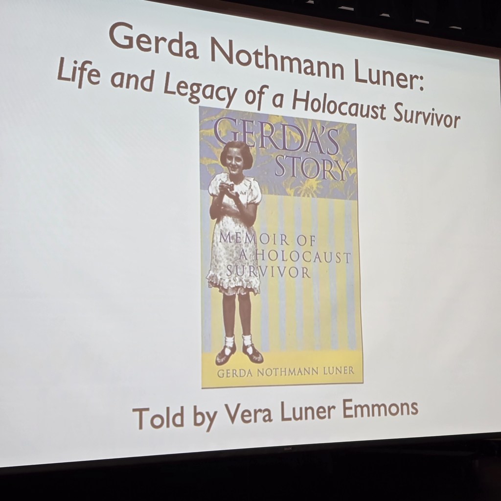 Book cover showing a young girl, with text "Gerda's Story" and "Life and Legacy of a Holocaust Survivor" on a screen.