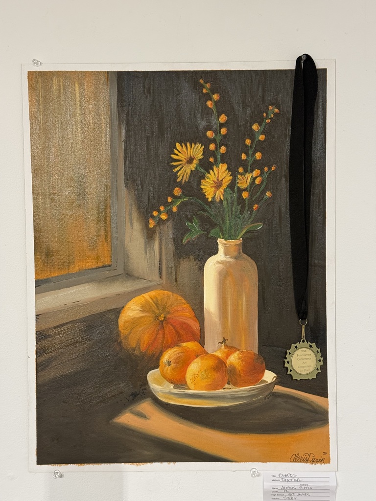 Painting shows vase with yellow flowers, a pumpkin, and oranges on a plate, with a ribbon in the upper right corner.