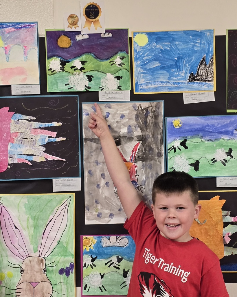 A boy in a red shirt stands, pointing at a picture of a rabbit on a bulletin board.