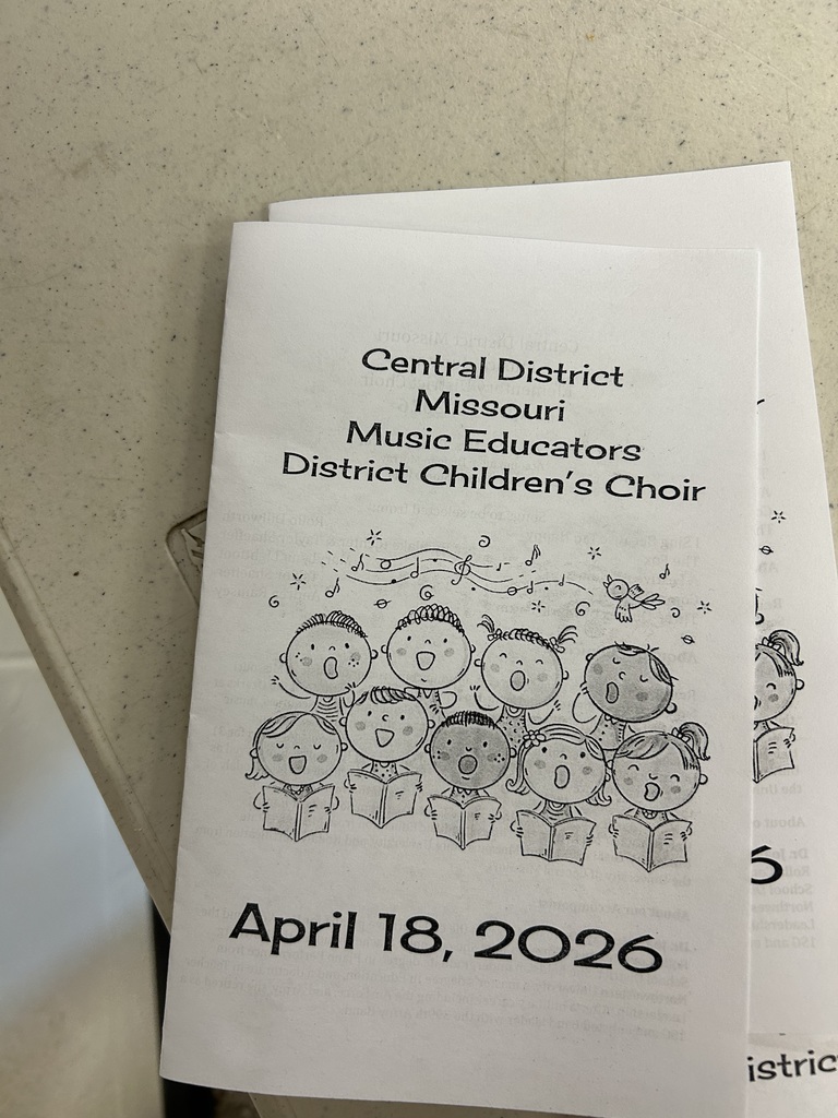 Booklet cover featuring a black-and-white illustration of children holding books, titled "Central District Missouri Music Educators District Children's Choir April 18, 2026."