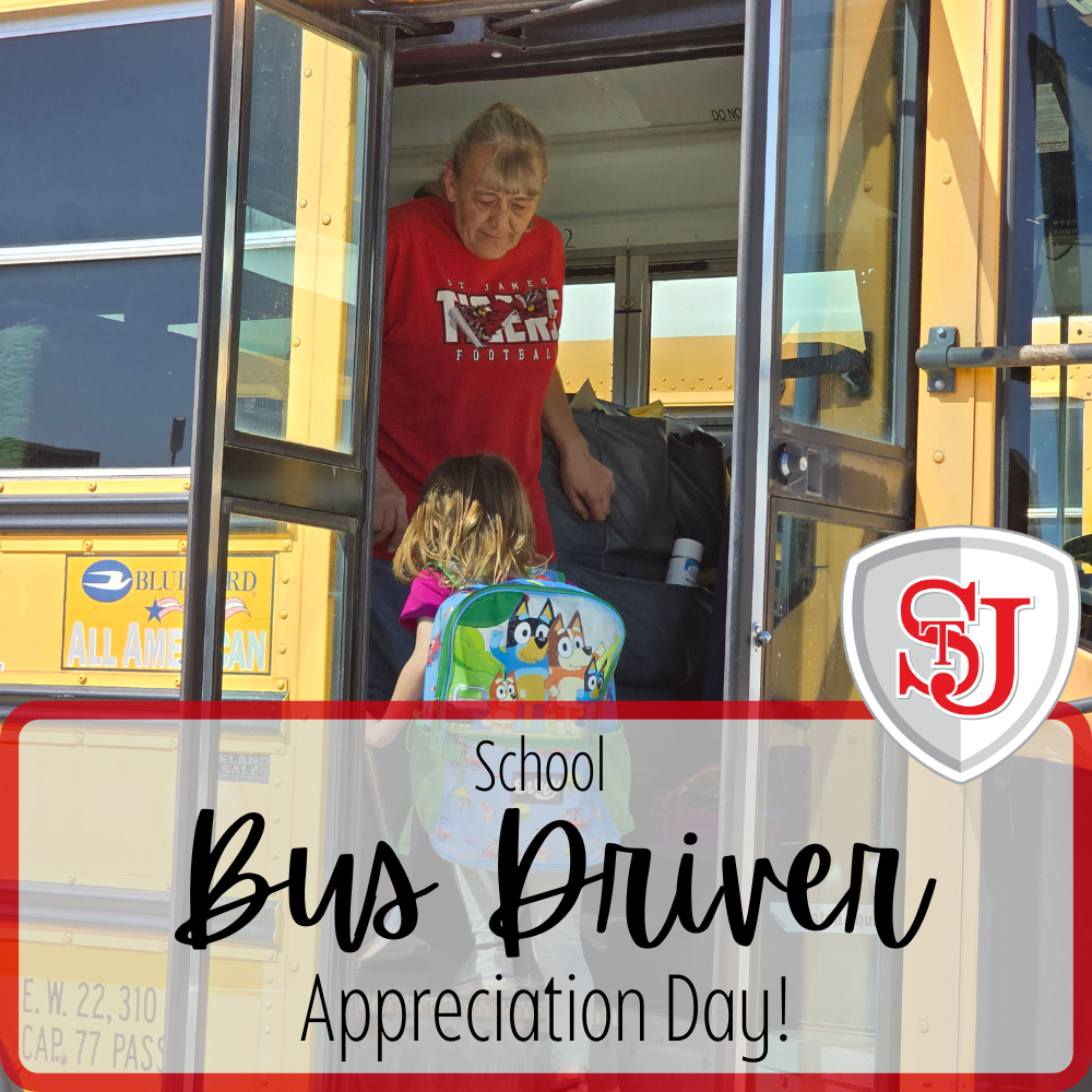 A woman assists a young child in boarding a yellow school bus. The text reads, "School Bus Driver Appreciation Day!"