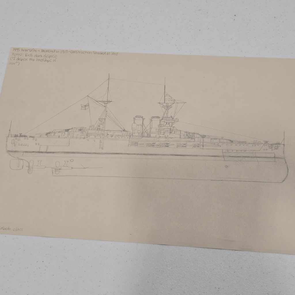 Sketch of a naval vessel, possibly a battleship, showing details like masts and cannons, on a beige paper.
