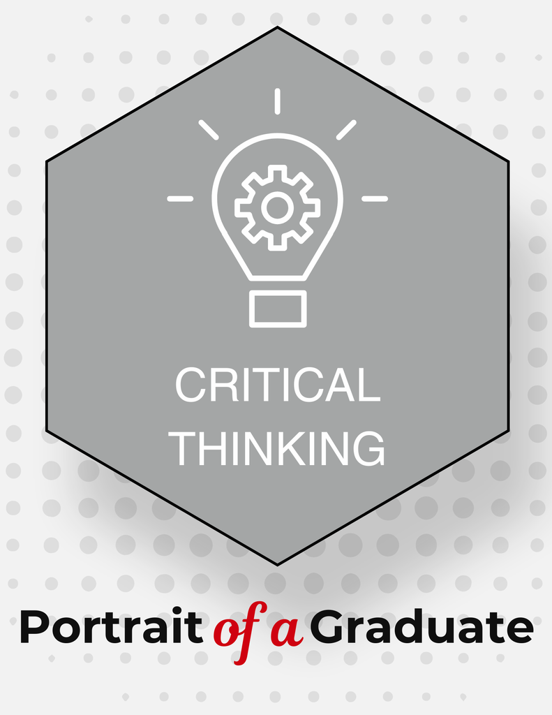 A hexagon shape with a lightbulb and gear icon in the center. Text reads "CRITICAL THINKING" below the icon. Below that, it reads "Portrait of a Graduate" in red font.