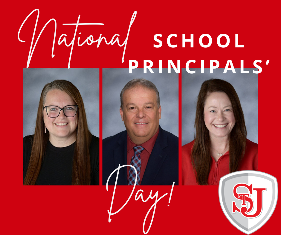 Three individuals with long hair and smiling faces. They are on a red background. Text reads, "National School Principals' Day!"