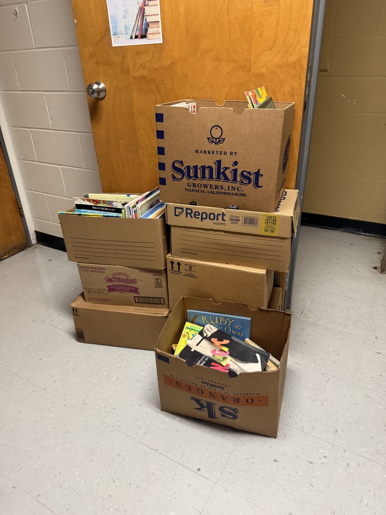Multiple brown cardboard boxes filled with books stacked in a room. A wooden door and white walls in the background.