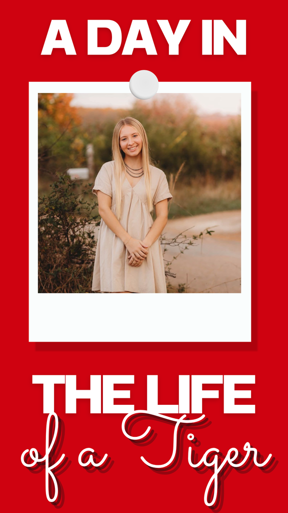 Red background with white border displays a photo of a woman with blonde hair standing in a field.