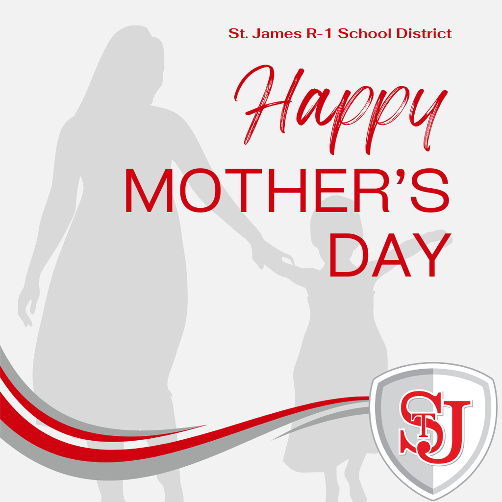 Graphic with "Happy Mother's Day" in red, featuring a mother and child silhouettes, and a district logo.