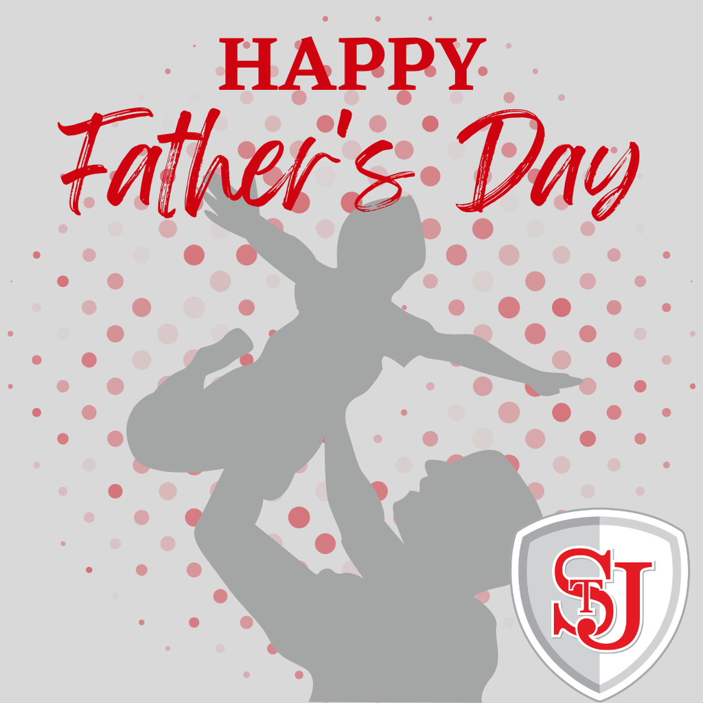 Silhouette of a father lifting a child, with red text reading "Happy Father's Day" and a shield with SJ.