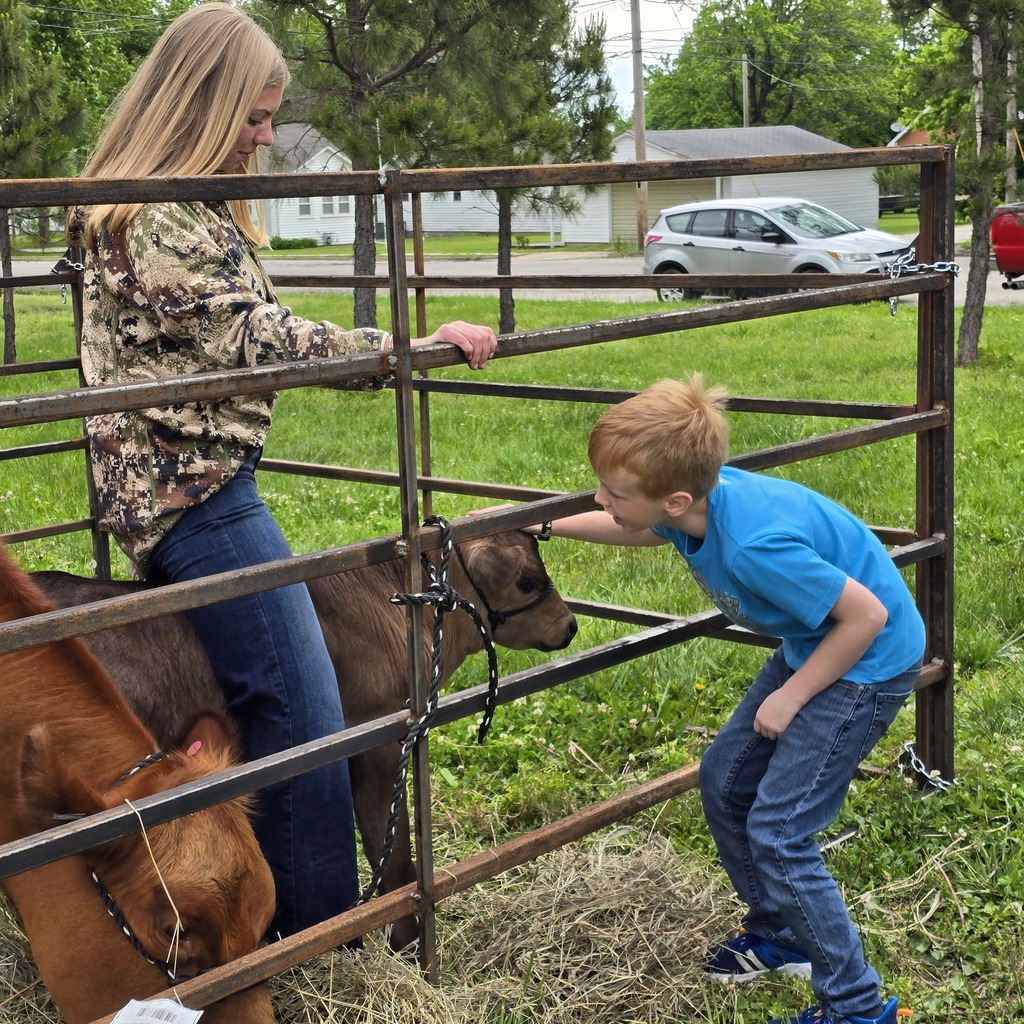 A woman in a camouflage top and a boy in a blue shirt interact with calves inside a fence.
