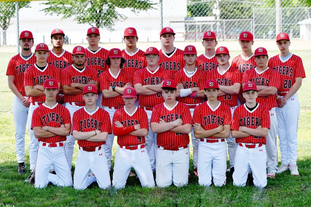 A group of young baseball players in red and white uniforms poses for a team photo on a grassy field.