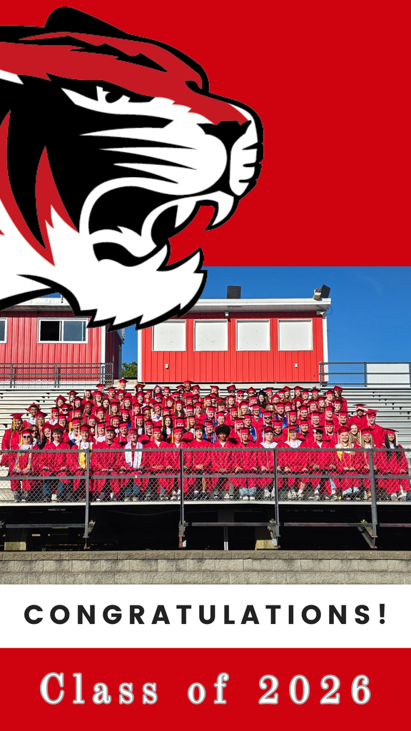 A graduation photo shows a crowd of people in red gowns and caps, standing in front of a red building with white windows. Above, a red and black tiger logo. Text reads "Congratulations! Class of 2026".