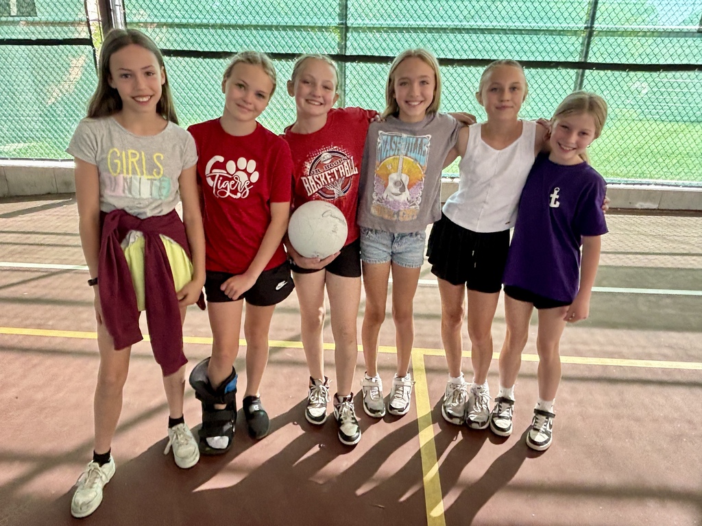 Six girls in casual sports gear stand on a court with two holding a ball. One has a knee brace.
