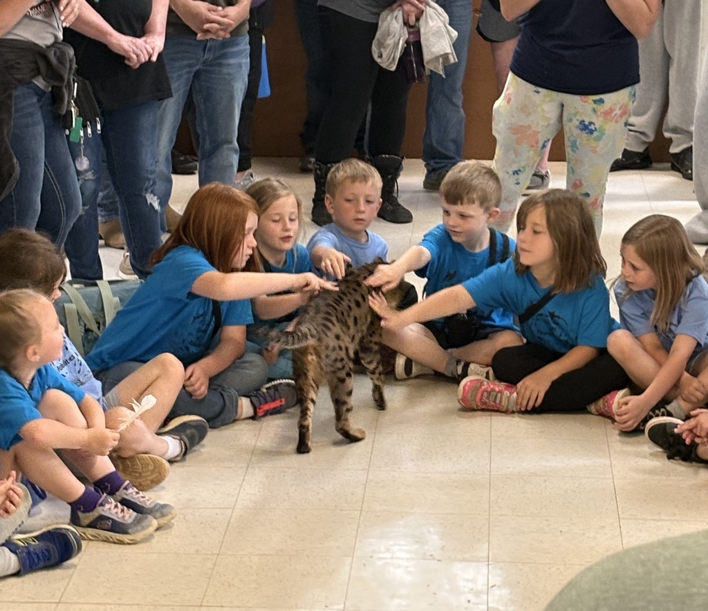 Children in blue shirts sit in a circle around a cat. A woman stands behind them, and another person is partially visible on the right.