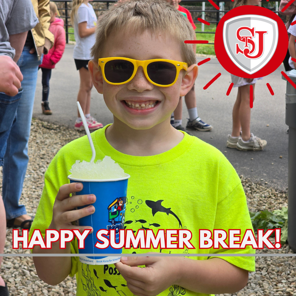 A young boy in sunglasses and a yellow shirt holds a cup of ice. Text reads Happy Summer Break.