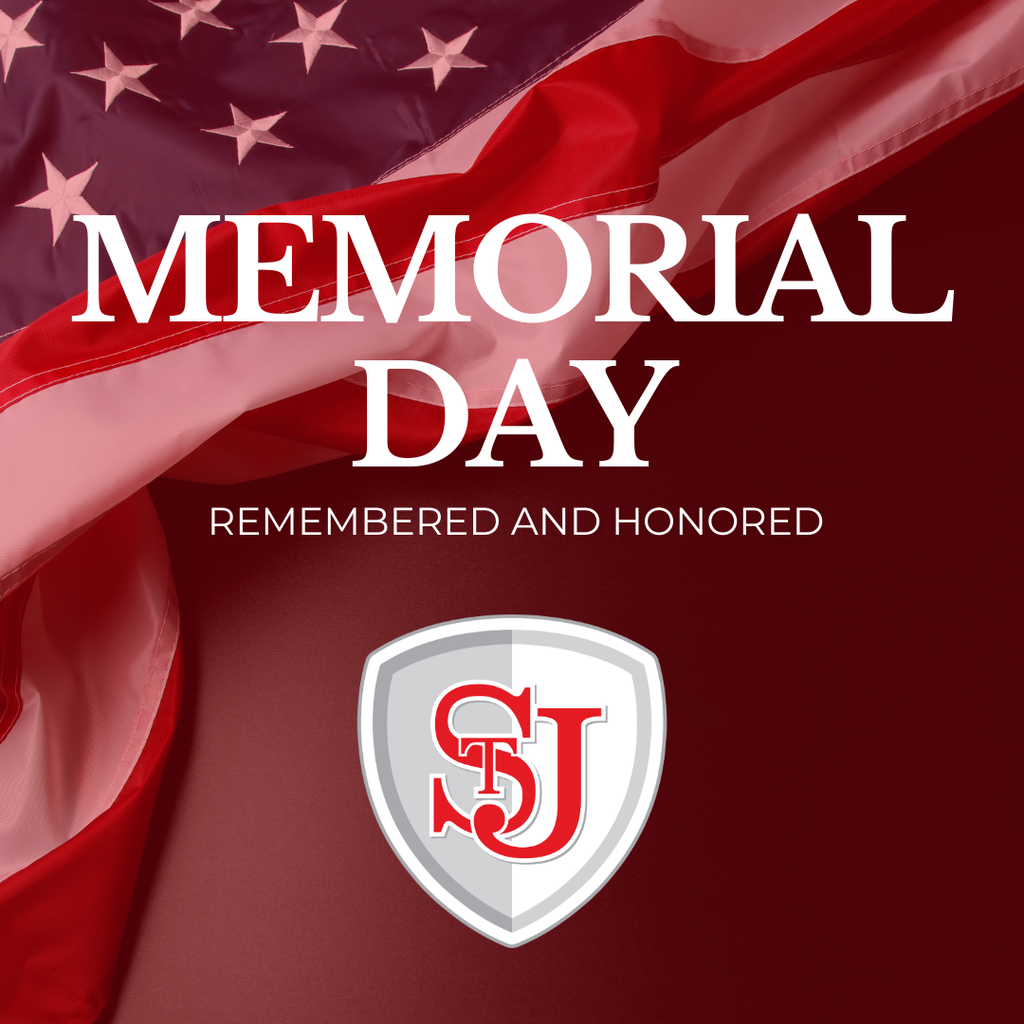Memorial Day text on a red background with an American flag. A logo with "STJ" in red appears below the text.