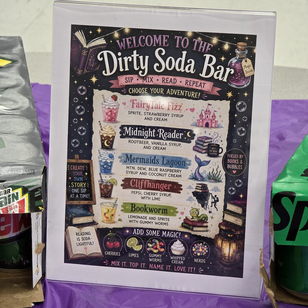 A colorful menu on a white background with "Welcome to the Dirty Soda Bar" at the top. Various drink names and ingredients are listed.