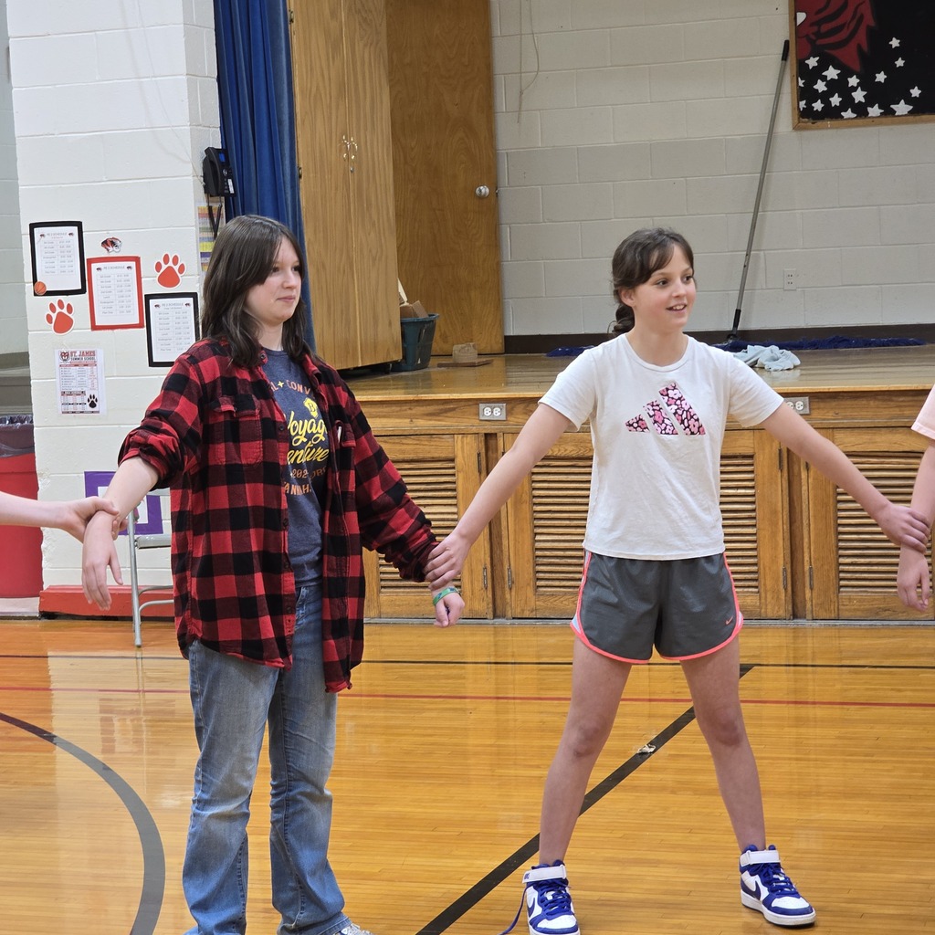 Two young girls hold hands in a gymnasium, one in a white shirt, the other in a plaid shirt.
