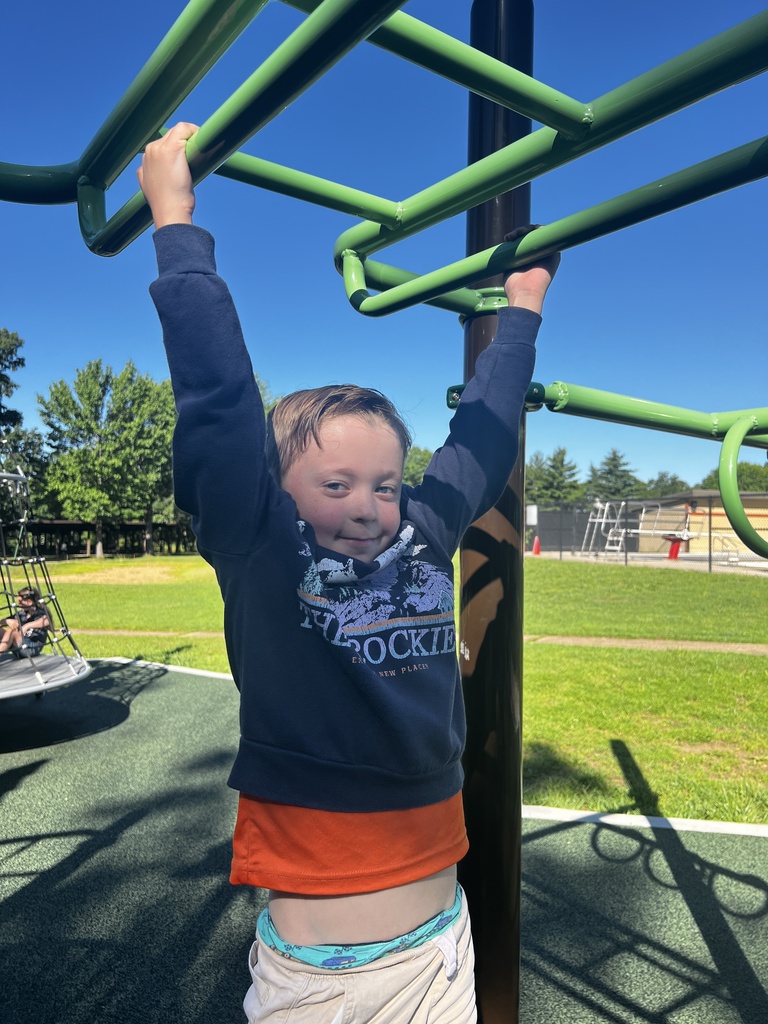 A child with a smile grips an overhead bar at a playground. Behind them, a grassy field extends, with trees and a swing.