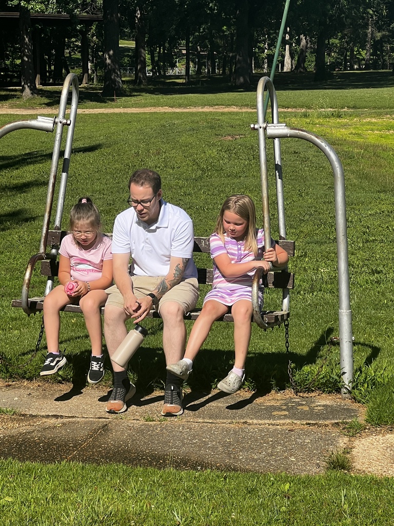 A man and two young girls are seated on a swing in a grassy park. The background shows trees and a picnic table.