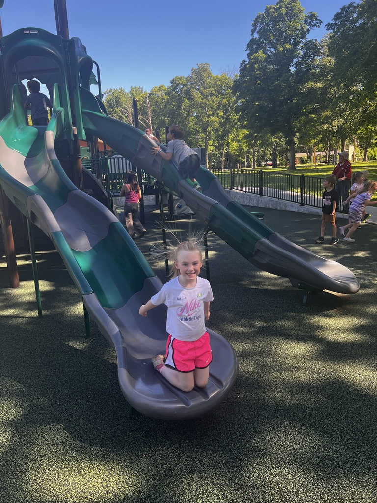 Child sliding down a slide at a park with other children playing on slides and people nearby.