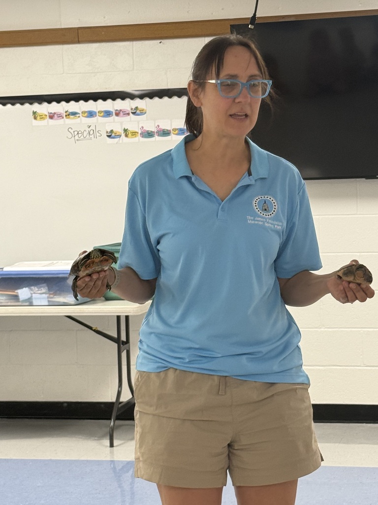 Woman in blue shirt and khaki shorts holds two small animals in each hand. Behind her, a white board with writing, a black television screen, and a table.