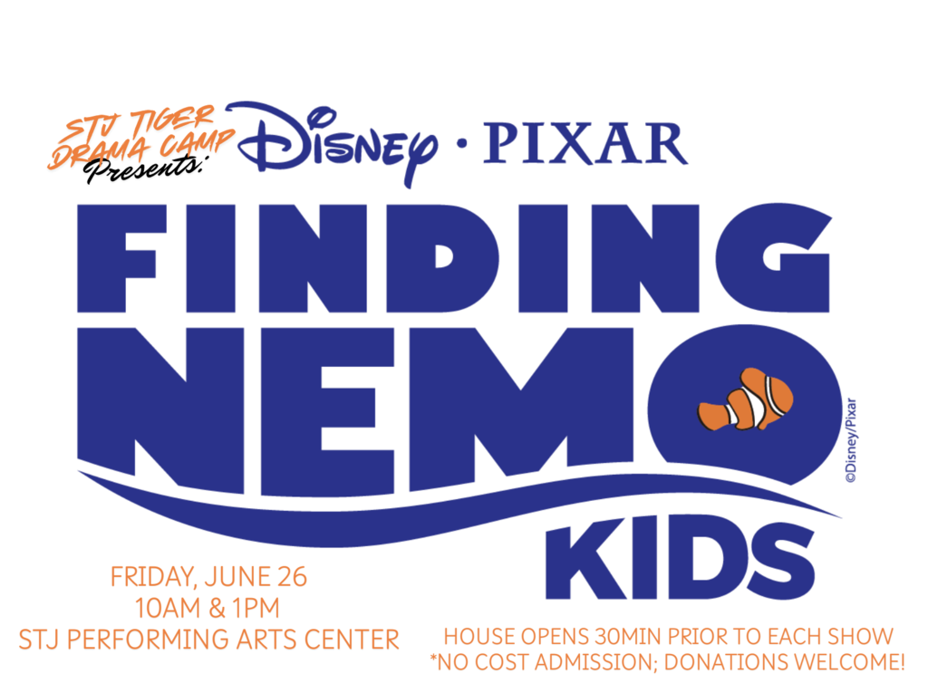 A promotional graphic for a Finding Nemo Kids event on Friday, June 26 at 10 AM and 1 PM.