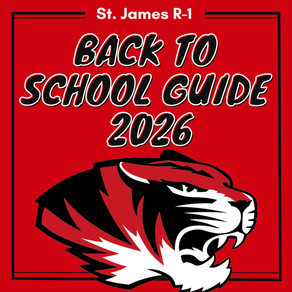 Red background with white border. "St. James R-1 Back to School Guide 2026" written above a roaring tiger.