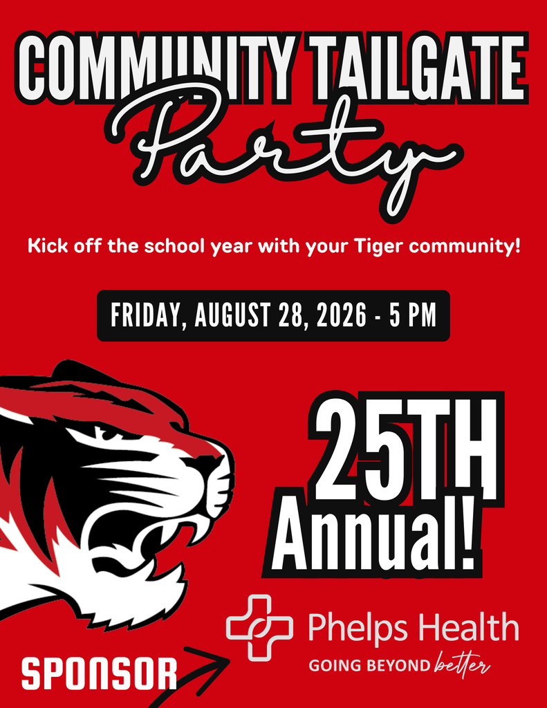 Red poster with a tiger mascot and "Community Tailgate Party" text. It says "25th Annual!" and "Friday, August 28, 2026 - 5 PM."
