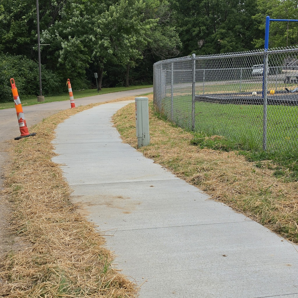 Sidewalk with two orange safety cones. A fenced area with playground equipment behind it. Green trees in the background.