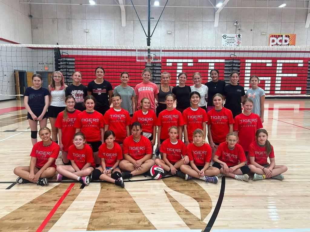 A group of people wearing red shirts and shorts are posing for a photo on a basketball court.