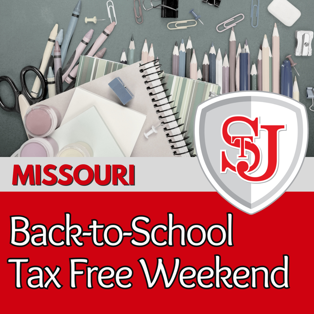 School supplies on a chalkboard with a Missouri Back-to-School Tax Free Weekend logo in the foreground.